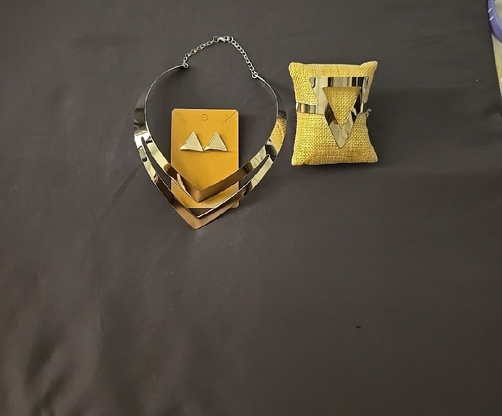 Silver Geometric V-Shaped Necklace Bracelet and Ring Set - Women Jewelry